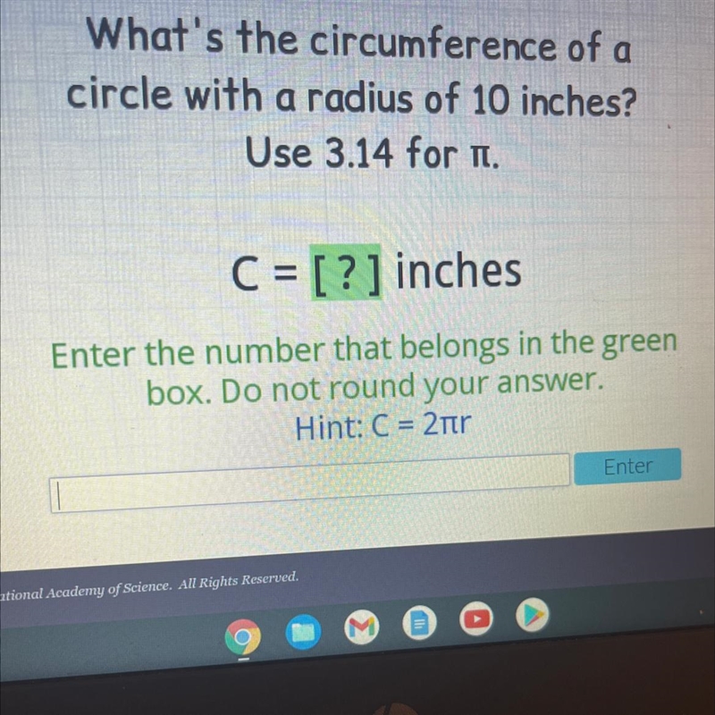 What’s the circumference of a circle with a radius of 10 inches use 3.14 for n-example-1