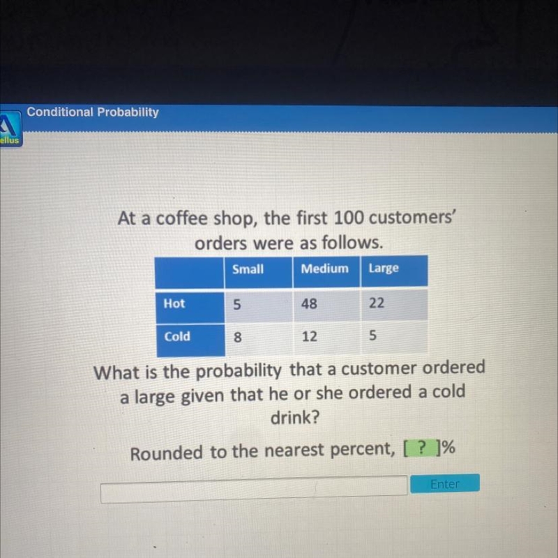 At a coffee shop, the first 100 customers'orders were as follows.Medium LargeSmallHot-example-1