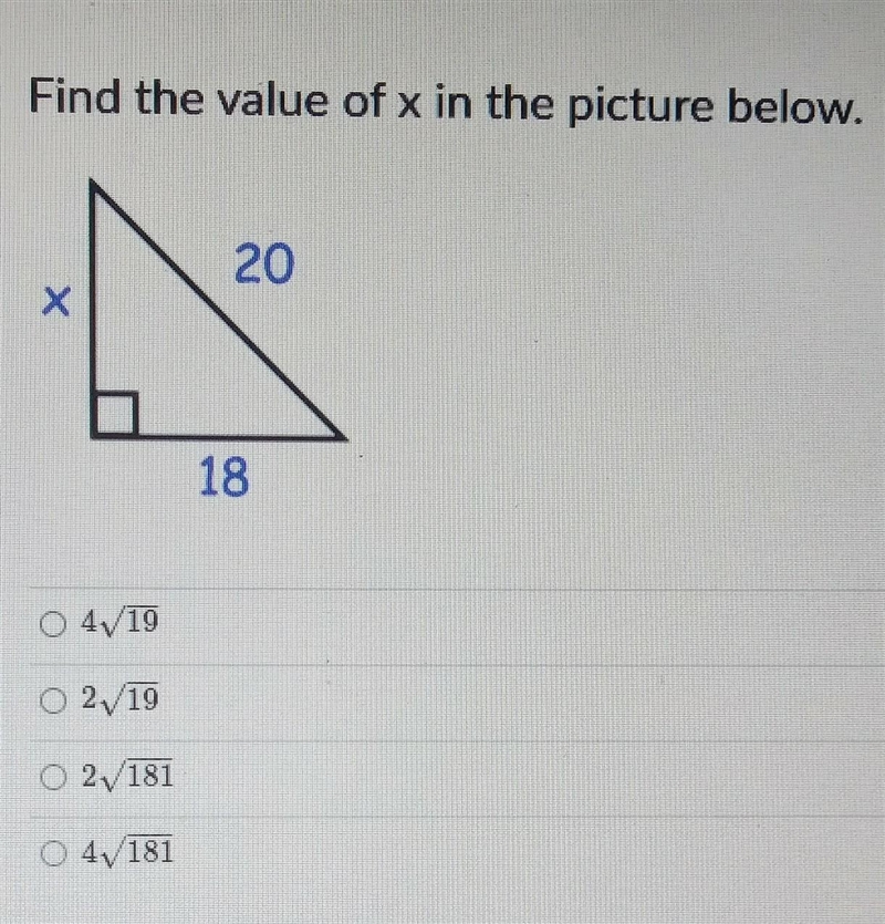 Find the value of x in the picture below using the provided 4 answer choices.-example-1