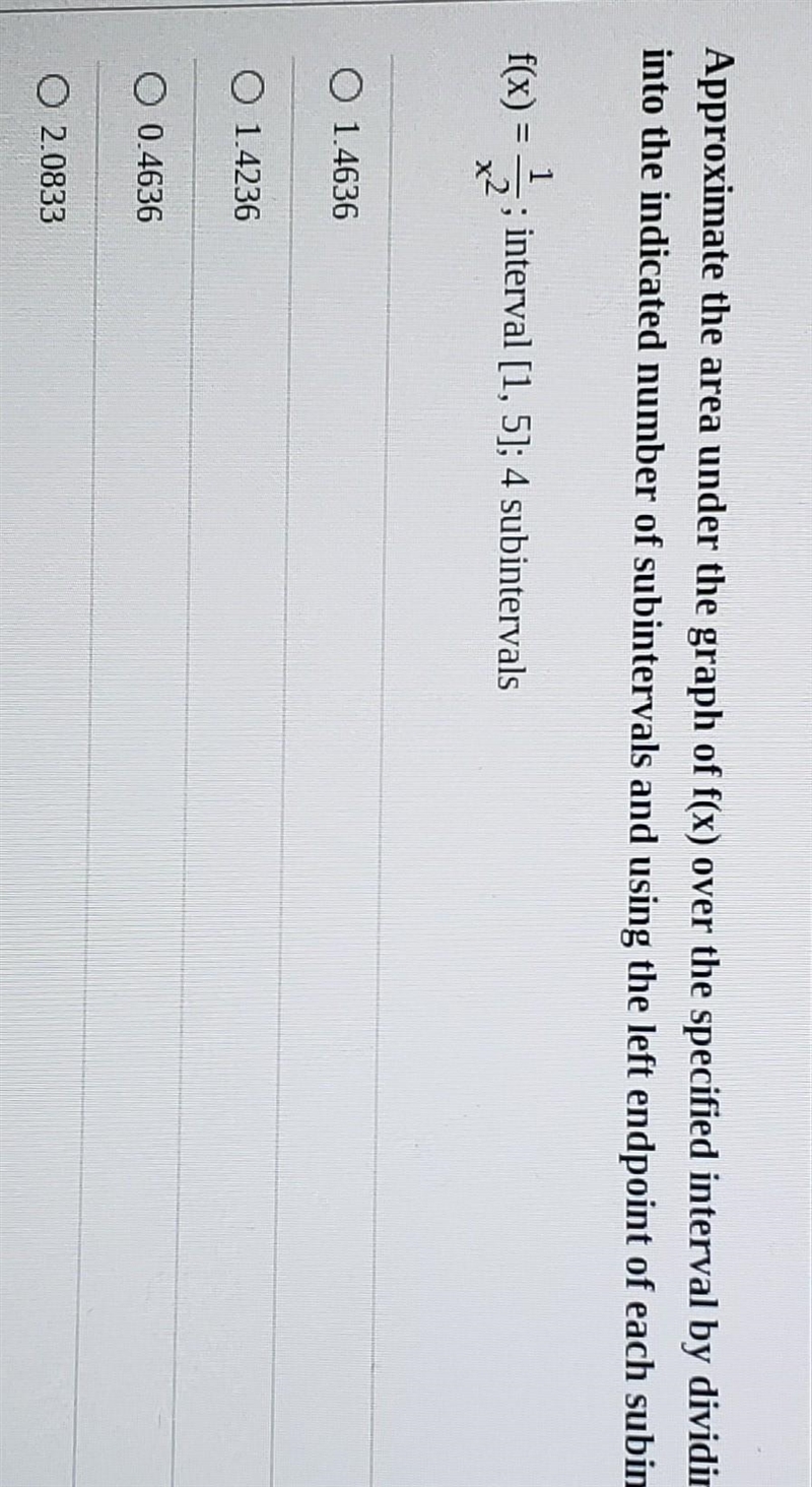 Approximate the area under the graph of f(x) over the specified interval by dividing-example-1