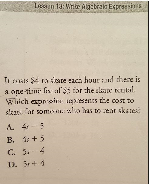 as an 4. It costs $4 to skate each hour and there is a one-time fee of $5 for the-example-1