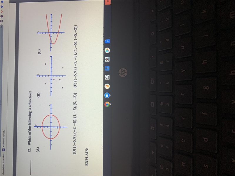 12. Which of the following is a function?(A)(B)(C)(D) {(-5,9), (-2,-5),(1,-5),(5,-2)} (E-example-1