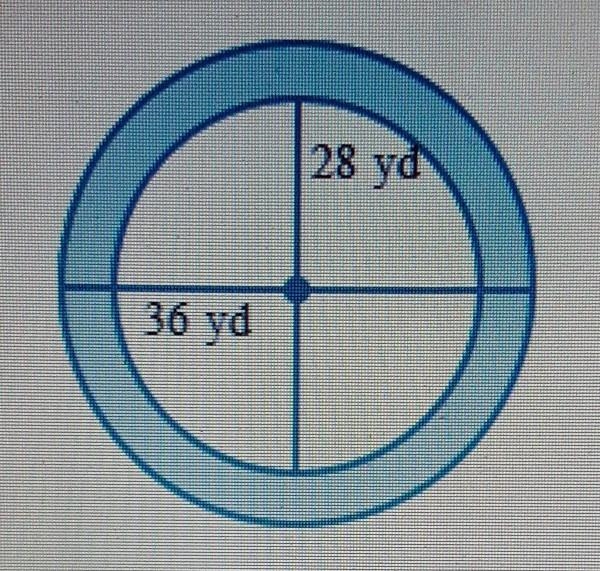 A flower garden is shaped like a circle. Its diameter is 28 yd. A ring-shaped path-example-1