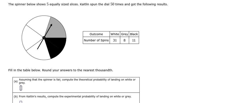 The spinner below shows 5 equally sized slices. Kaitlin spun the dial 50 times and-example-1