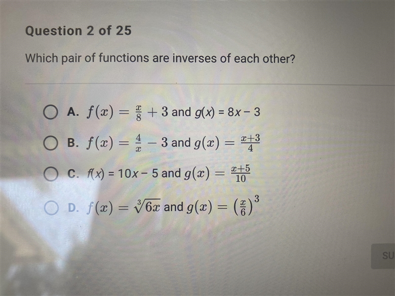 Please help!! functions and relations. which pair of functions are inverses of eachother-example-1