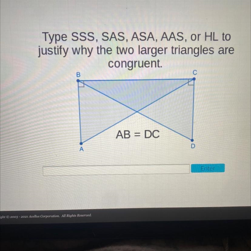 Type SSS, SAS, ASA, AAS, or HL tojustify why the two larger triangles arecongruent-example-1