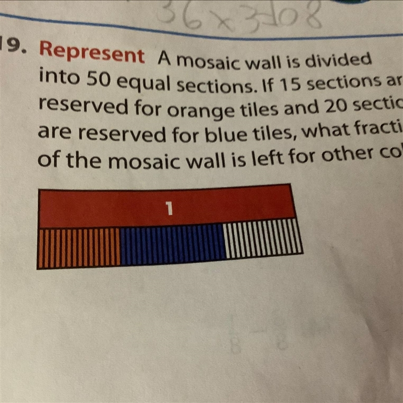 A mosaic wall is divided into 50 equal sections.If 15 sections are reserved for orange-example-1