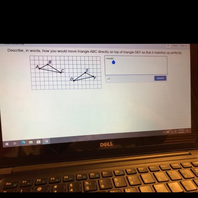 escribe, in words, how you would move triangle ABC directly on top of triangle DEF-example-1