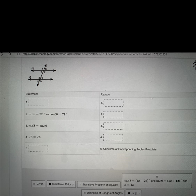 Complete the proof to prove line m and n parallel given m<8=(4x+25) and m<6= (5x-example-1