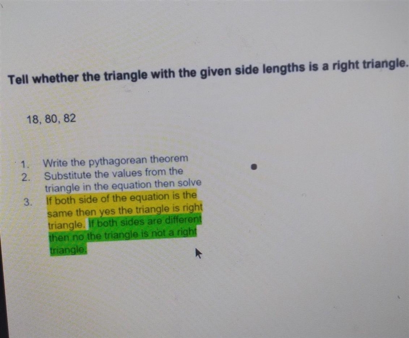 Tell whether the triangle with the given side lengths is a right triangle. 18, 80, 82 Write-example-1