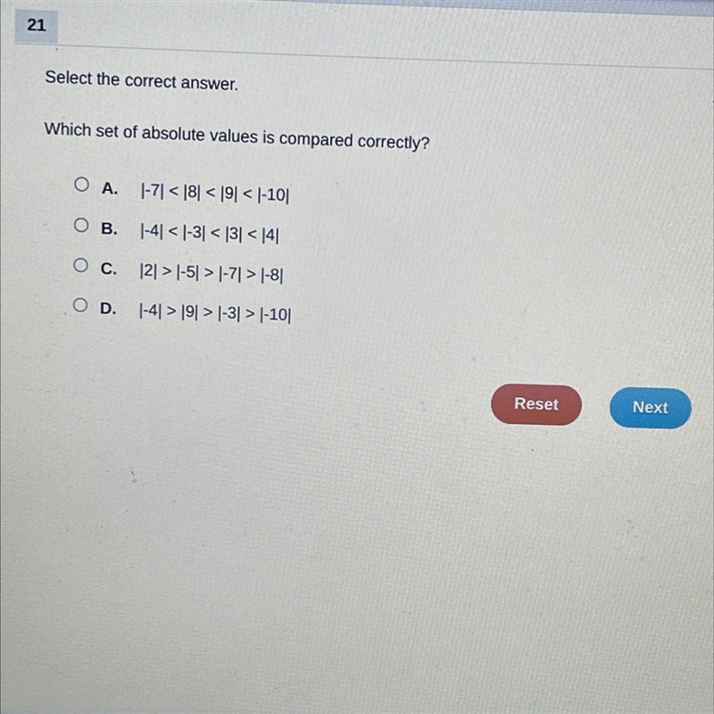 Select the correct answer. Which set of absolute values is compared correctly? A. -71 &lt-example-1