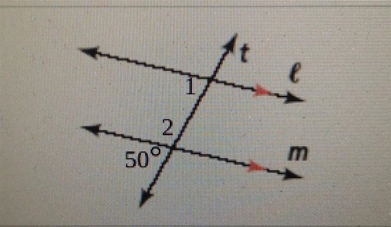 Find m angle1 and m angle 2. Justify your answer. m angle 1= 50° by the corresponding-example-1