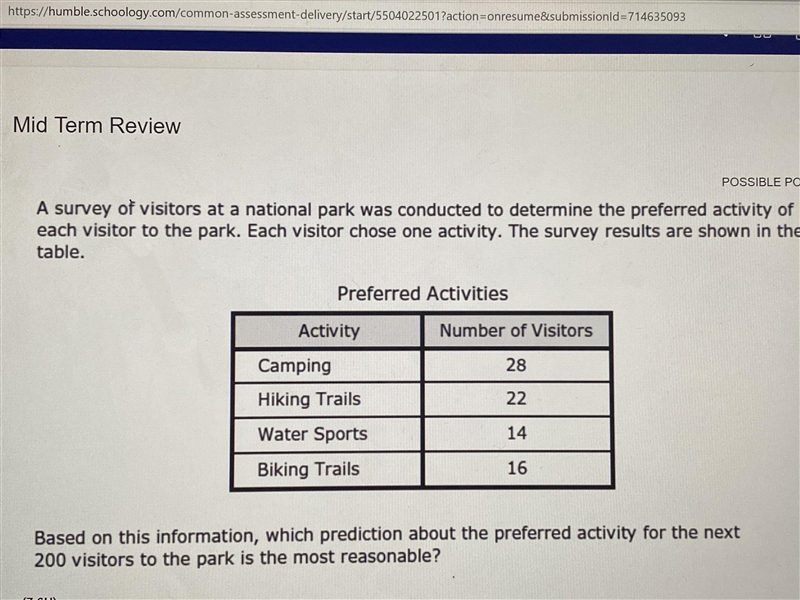 A survey of visitor at national park was conducted to determined the preferred activity-example-1