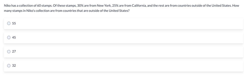 Niko has a collection of 60 stamps. Of these stamps, 30% are from New York, 25% are-example-1