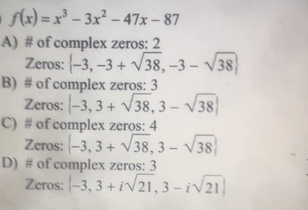 State the number of complex zeros and the possible number of real and imaginary zeros-example-1