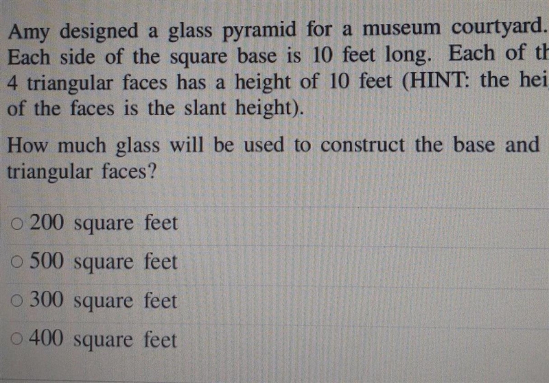 Amy designed a glass pyramid for a museum courtyard. Each side of the square base-example-1