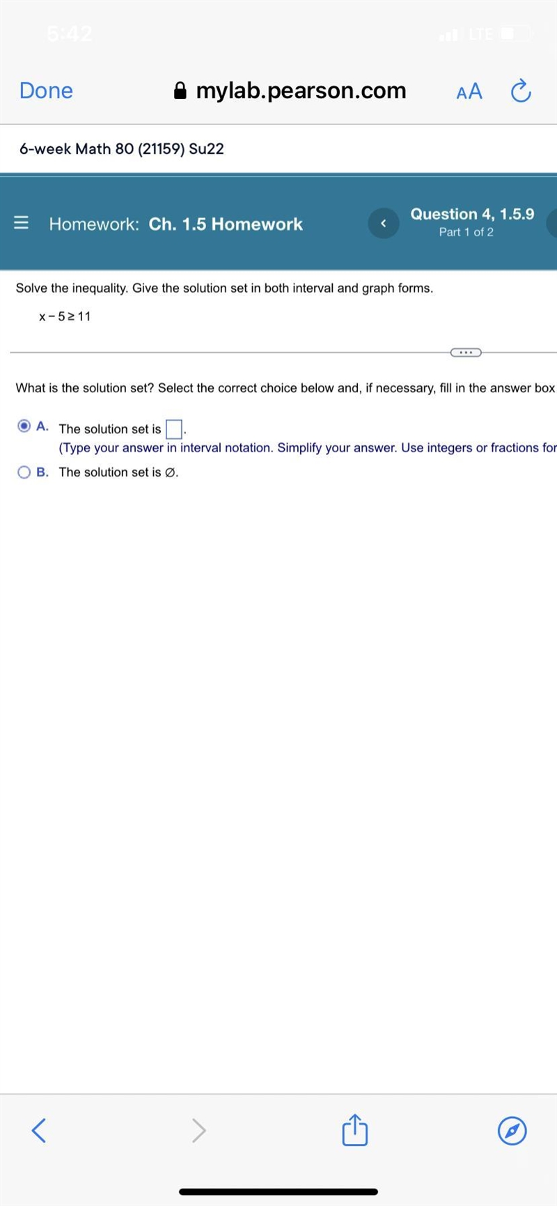 Solve the inequality. Give the solution set in both interval and graph forms.   x-example-1