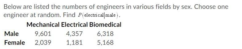 Below are listed the numbers of engineers in various fields by sex. Choose one engineer-example-1