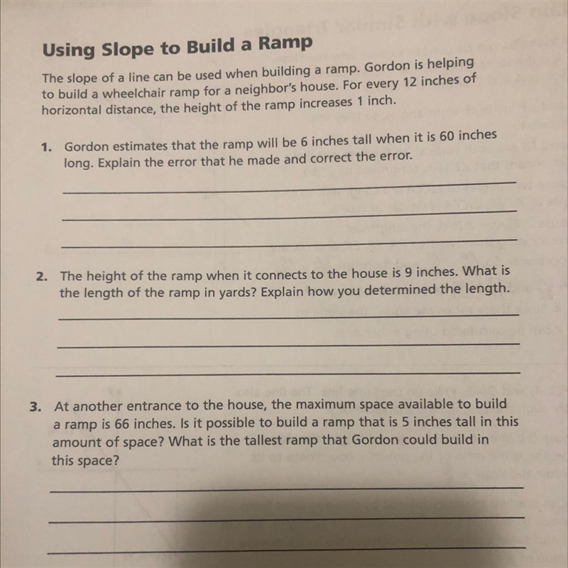 1. Gordon estimates that the ramp will be 6 inches tall when it is 60 inches long-example-1