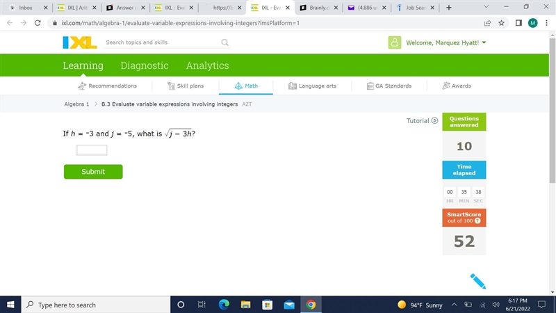 B.3 Evaluate variable expressions involving integersAZTIf h = –3 and j = –5, what-example-1