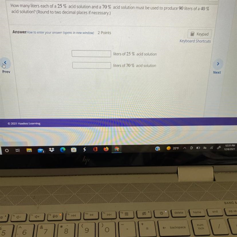 How many liters each of a 25 % acid solution and a 70 % acid solution must be used-example-1