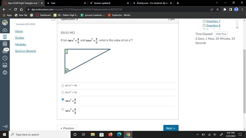 If tan tan x degrees equals a over 4 and cos x degrees equals 4 over b, what is the-example-1