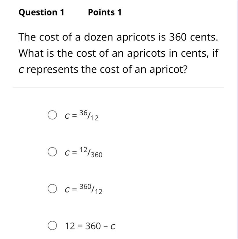 The cost of a dozen apricots is 360 cents. What is the cost of an apricots in cents-example-1