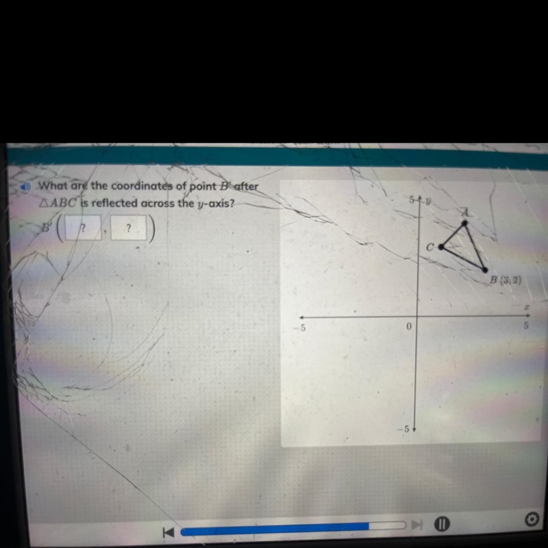 What are the coordinates of point B' after triangle ABC is reflected across the y-example-1