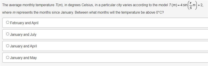 The average monthly temperature T(m), in degrees Celsius, in a particular city varies-example-1