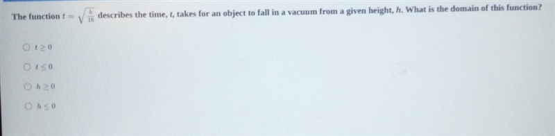 The function t = square root h/16 describes the time, t, takes for an object to fall-example-1