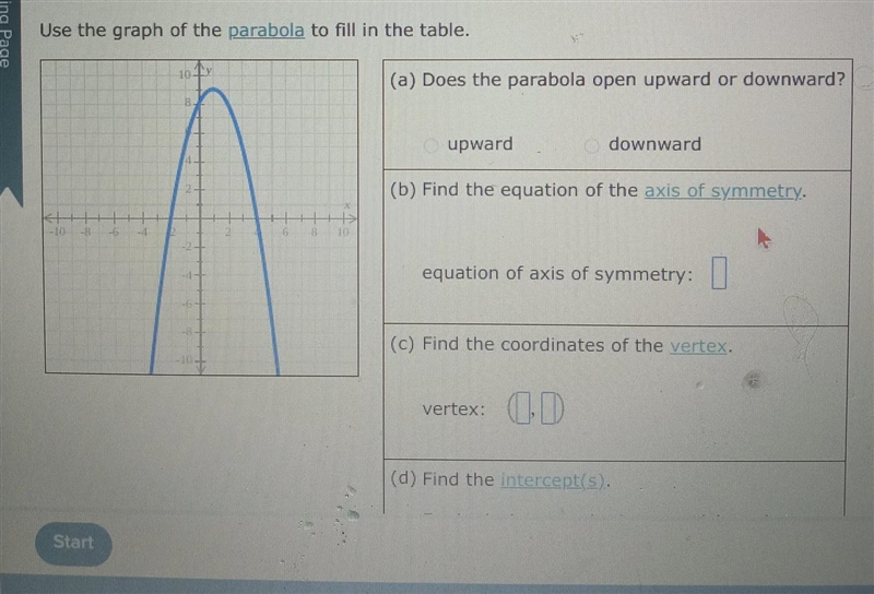 Use the graph of the parabola to fill in the table-example-1