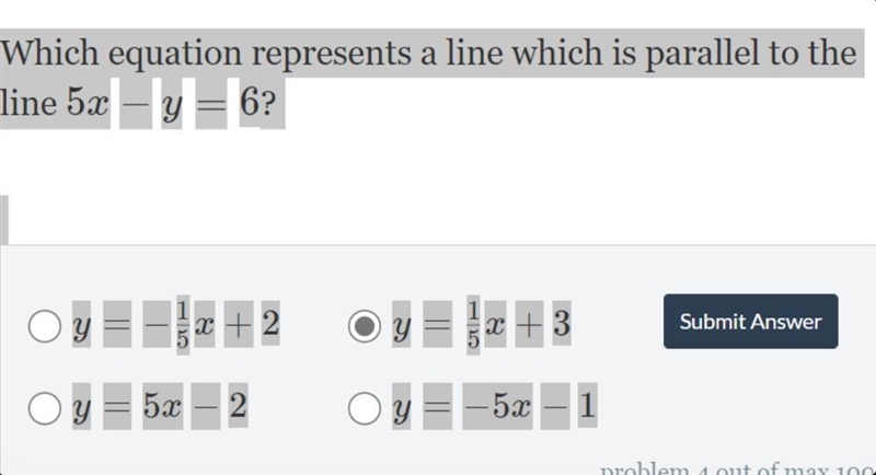 Which equation represents a line which is parallel to the line 5x-y=6-example-1