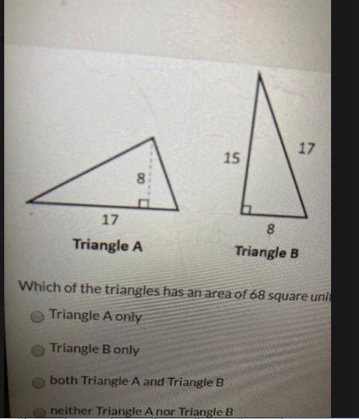 Which of the two triangles has an area of 68 square units?-example-1