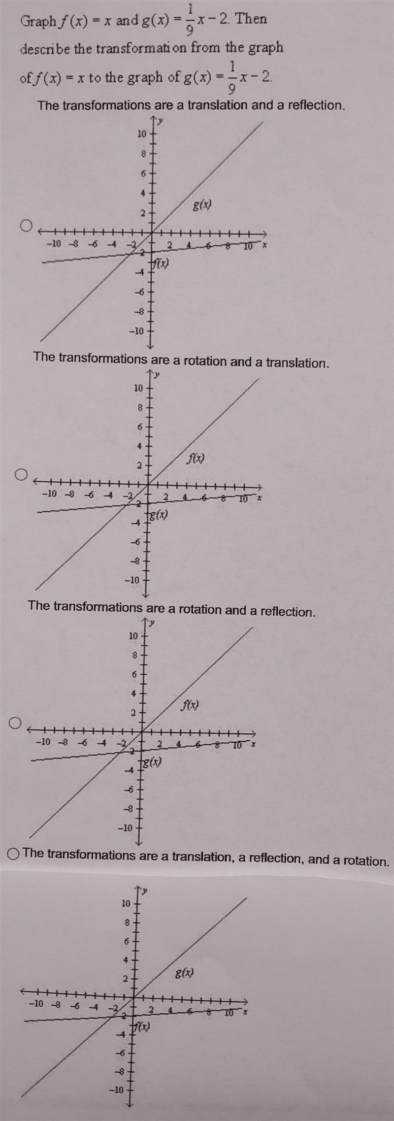 Graph f (x) = x and g (x) = 1/9 x -2. Then describe the transformation of the graph-example-1