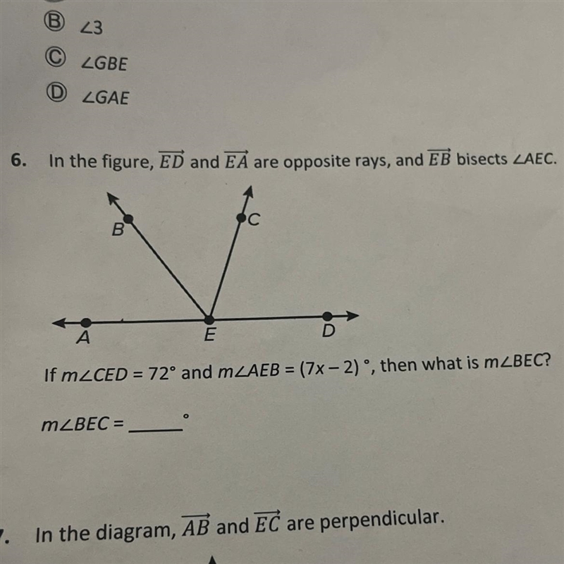 6. in the figure ,ED AND EA are opposite rays ,and EB bisects-example-1