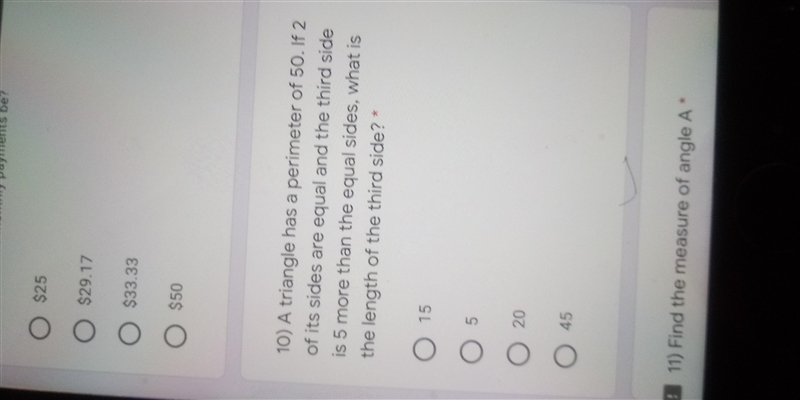 10) A triangle has a perimeter of 50. If 2 of its sides are equal and the third side-example-1