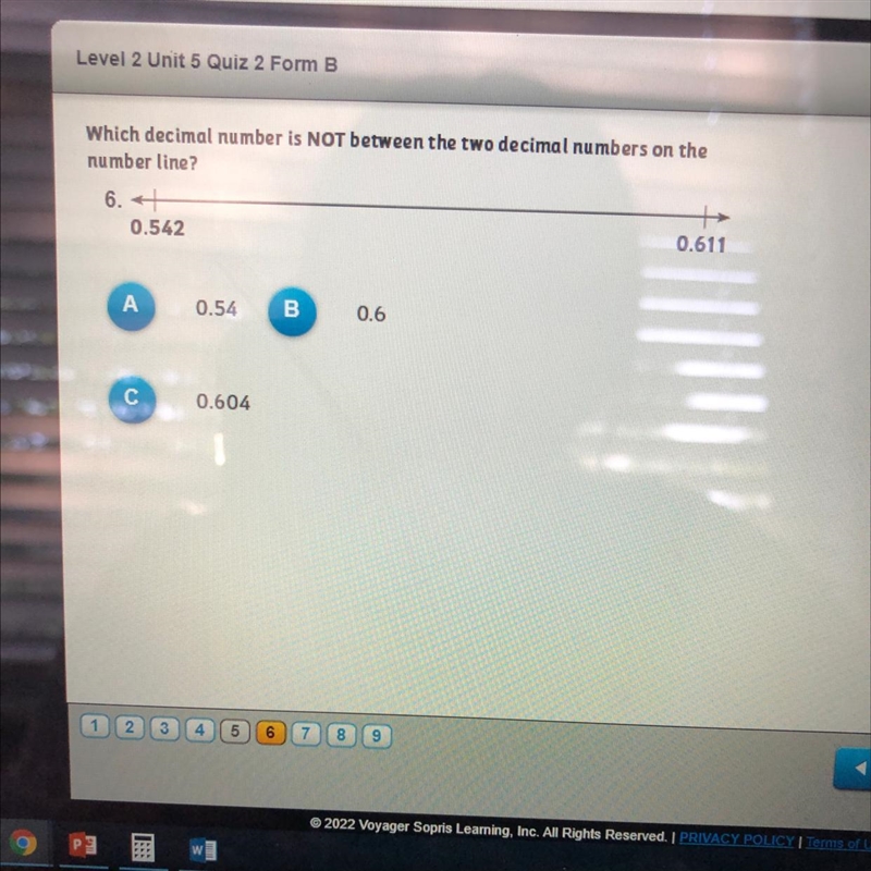 Which decimal number is NOT between the two decimal numbers on the number line? 6. 0.542 0.611 A-example-1