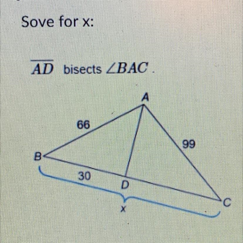 Solve for x: AD bisects BAC Okay What is the value of x?-example-1