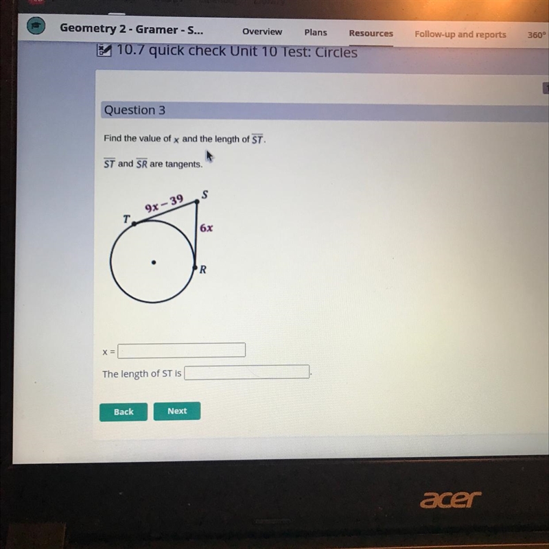 Find the value of x and the length of ST-example-1