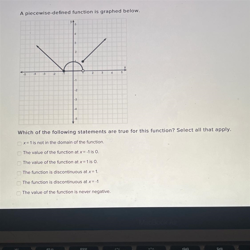 A piecewise-defined function is graphed below. Which of the following statements are-example-1