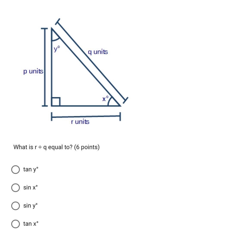 The figure below shows a right triangle:What is r÷ q equal to?-example-1