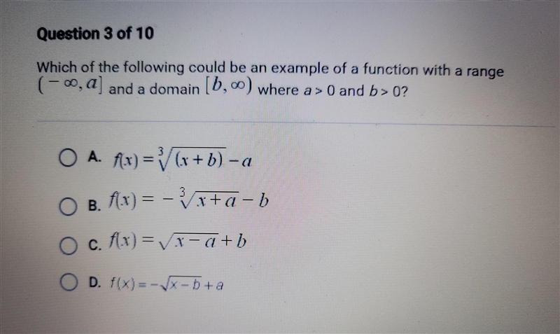 Which of the following could be an example of a function with a range (-∞, α) and-example-1