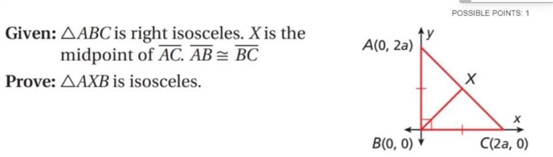 Given ABC is right isosceles, X is the midpoint of AC.AB is congruent with BC.Prove-example-1