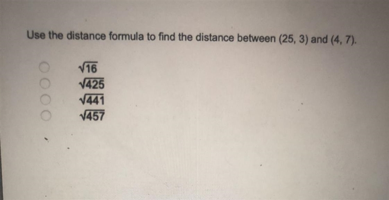 Use the distance formula to find the distance between (25,3) and (4,7)-example-1