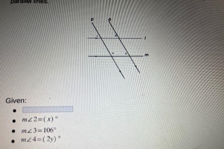 In the diagram below, line / and m are parallel lines. Also, line p and q areparallel-example-2