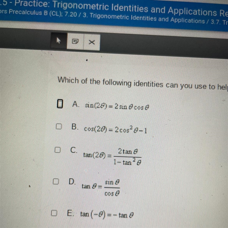 Which of the following identities can you use to help vou show that tan (3x)=sin(6x-example-1