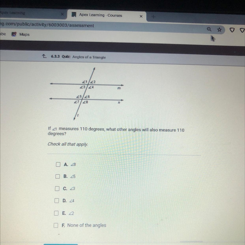 If <1 measures 110 degrees, what other angles will also measure 110 degrees? Check-example-1