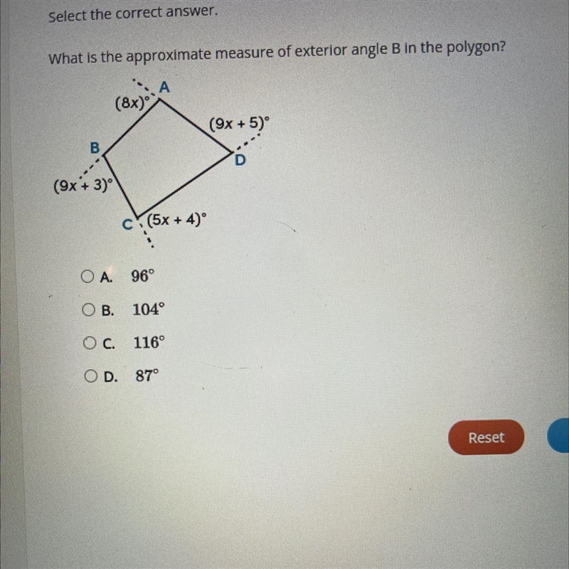 What is the approximate measure of exterior angle B in the polygon?-example-1