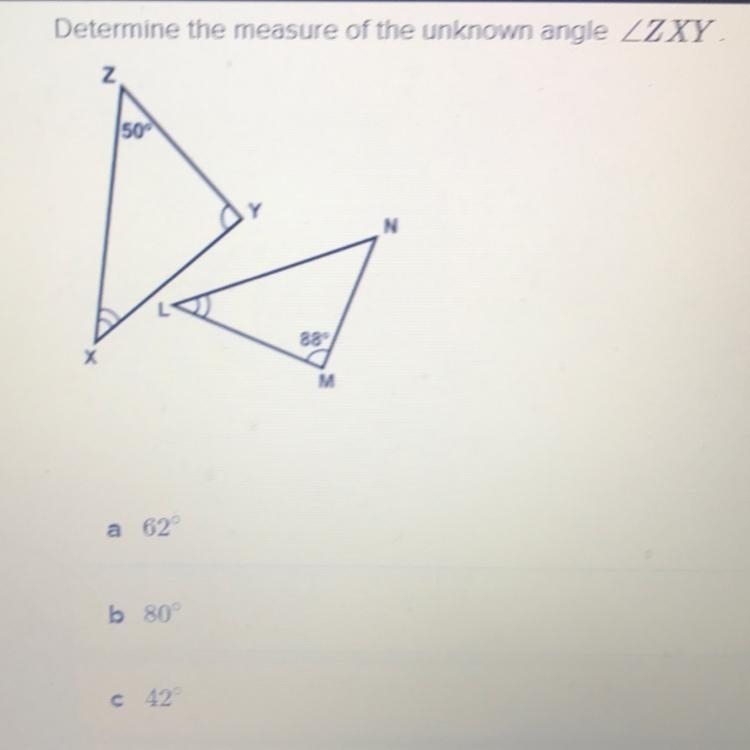 Determine the measures of the unknown angle.-example-1