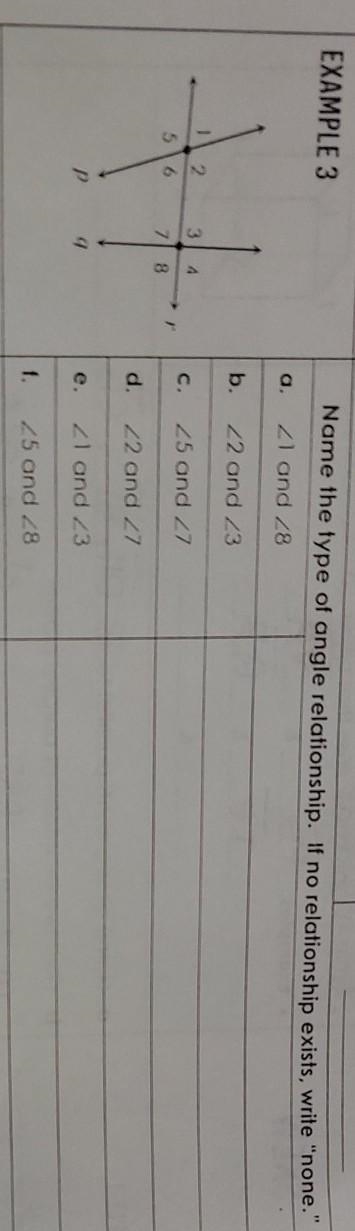 Name the type of angle relationship. If no relationship exists, write "none. a-example-1